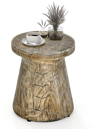 COSTWAY Beistelltisch Holzoptik, wetterfester Gartentisch aus Naturstein für drinnen & draußen, Kleiner Balkontisch, Sitzhocker für Wohnzimmer, Garten, Terrasse, Hinterhof, 37 x 37 x 43 cm