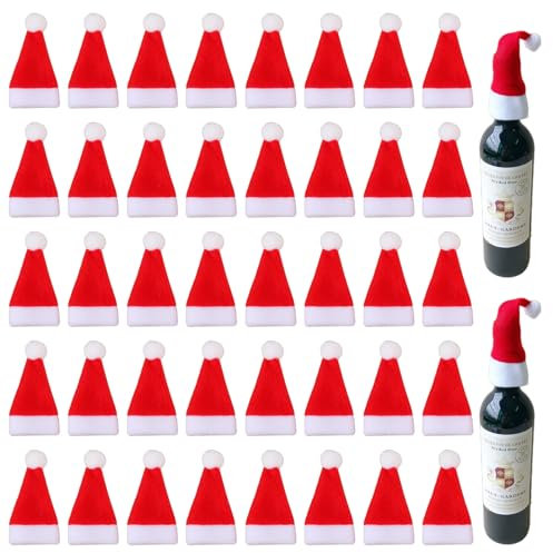 YIDM 40 Stück Mini Weihnachtsmütze: Mini Weihnachtsmütze Rot Besteckhalter Nikolausmütze Weihnachtsbesteckhalter für Tasse Besteck Flasche Candy Covers, Kinder Craft, DIY Xmas Party Tischdekoration