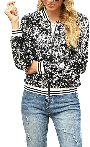Felcia Damen Zip Up Jacke Casual Glänzende Pailletten Leichte Jacke Langarm Cardigan Party Kostüm, A-schwarz, 38