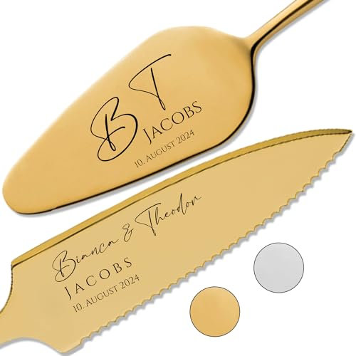SMARTEON Cake-Server Set mit Tortenmesser und Personalisierter Gravur Initialen – Hochzeitsgeschenke für Brautpaar, Geburtstag, Jubiläum, Geschenkidee für Paare – Goldfarbenes Set in Geschenkbox