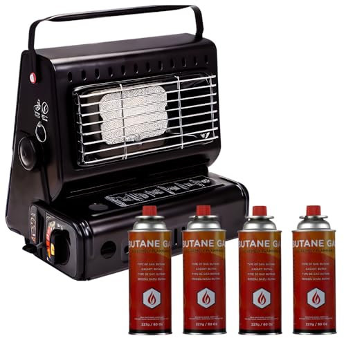 Trendi Portable Gas Heater For Outdoor Hiking, Fishing, Camping, Caravan & Skiing Trips - Safety Grill, Auto Ignition, Emergency, Carry Handle & Temp Control (Heater + 4 Gas Canister)