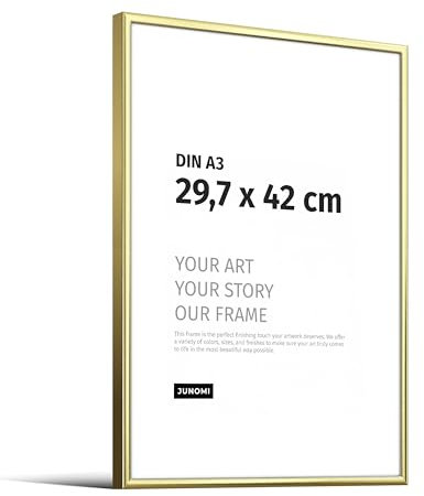 JUNOMI® Bilderrahmen DIN A3 (29,7x42 cm) Aluminium | Farbe Gold (glänzend) | Wanddeko Metall mit bruchsicherem Acryl-Glas | Bilderrahmen Metall