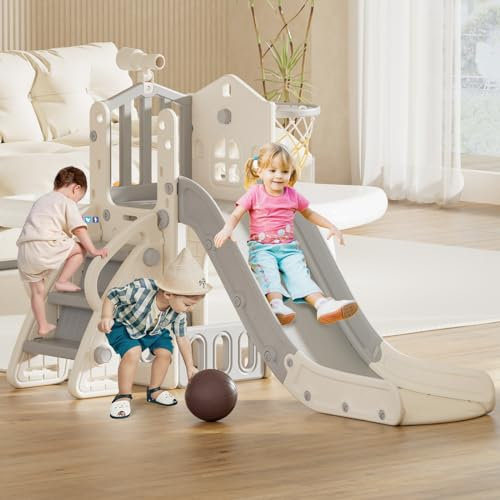 FAYDUUD Tobogán para Niños 4 en 1 con Canastas Baloncesto Tobogán Slide Infantil Interior y Exterio y escaleras Antideslizantes, fácil Montaje, para niños 1-3 años (Beige Gris)