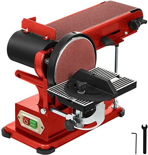 STMKB Multifunktionaler Bandschleifer, Tellerschleifer 4x36 Und 6 Scheibe Mit Eingebautem Staubport, Haupttisch 0-90° Verstellbar, Hilfstisch 0-45° Verstellbar, 1400 U/min