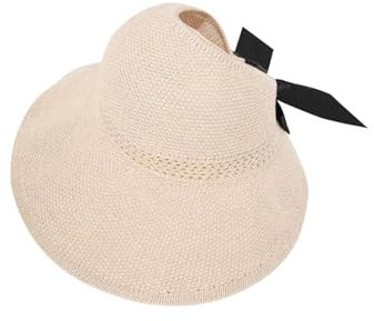 Andiker Strohhut Frauen 5 Zoll breite Krempe Open Top Design mit modischen Bowknot Built-in Schweißband einstellbar faltbar tragbaren Strand Hut (Leinen, beige)