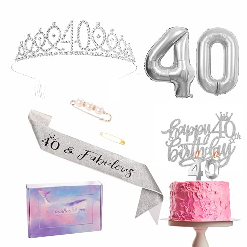 Decoraciones plateadas de cumpleaños número 40 para mujer, banda, juego de tiara, corona, decoración para tartas, globos de aluminio del número 40, velas, regalos de cumpleaños para ella