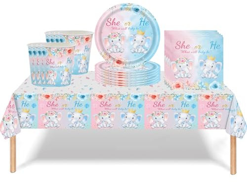 53Pcs Elephant Baby Shower Gender Reveal Tableware for Girls, Boys - She or He Theme Decorations With Table Cloth, 7-Inch Plates, Napkins, Cups - Dinnerware Party Supplies