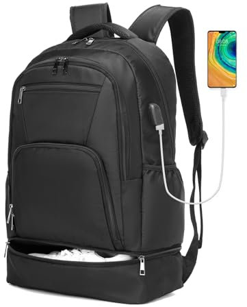 seyfocnia Sac à dos de sport pour homme et femme, sac à dos de voyage avec compartiment à chaussures, sac à dos léger avec port de charge USB, sac à dos de sport résistant à l'eau, noir, noir, One