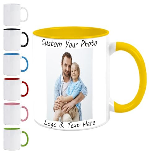 Personalisierte Kaffeetassen mit Foto, 325 ml, Kaffeebecher, Kaffeebecher, Trinkbecher mit Griffen, personalisierbare Tasse, personalisierte Tassen für Vater, Gelb