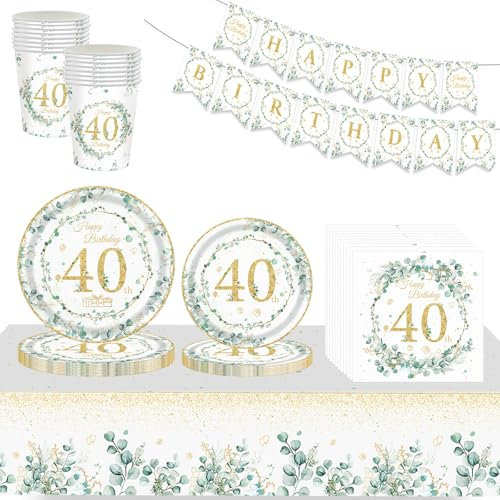 70P Sage Eucalyptus Green 40th Birthday Tableware Set with Banner, Cups, Napkins, Plates, and Cloth - Happy 40th Birthday Dinnerware Kit
