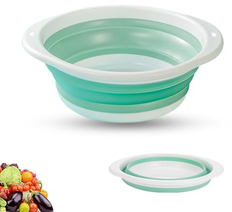 Collapsible Washing Up Bowl, Portable Folding Hand Wash Basin, Multipurpose Outdoor Travel Basin, Washing Up Bowl, Silicone Bowl Tub for Travel Camping Caravans Baby & Adult Wash (Green White, Mini)