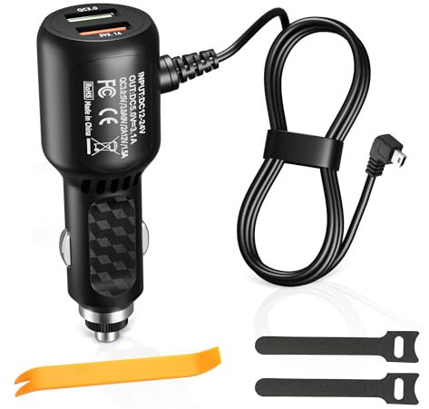 HATMINI 11.5FT Dash Cam Mini USB Power Cable Adapter, Dual USB Fast Charging Port, 90 Degree Mini USB Right Universal Car Adapter Power Cord for Driving Recorders