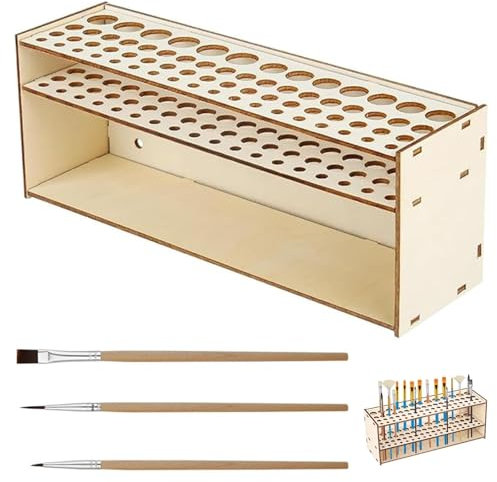 Bamyli 67 Holes Wooden Paint Brush Holder Stand,Artist Paint Brush Stand, Paint Brush Holder Stand with 3 Paint Brushes for Paint brushes,Sketch Pens,Colored Pens,Makeup Brushes