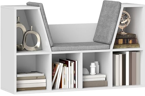 HOMCOM Bücherregal Aufbewahrungsregal mit Sitzbank, Fächern Spielzeugregal Bücherschrank für Schlafzimmer, 105 x 30 x 63 cm Weiß
