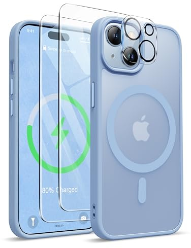 ORETECH Magnetic for iPhone 15 Case, Matt Back Sierra Blue | Compatible with Magsafe, 2 Pack Screen Protector 1 Camera Protector, Anti Yellowing Ultra Thin Military Grade Shockproof