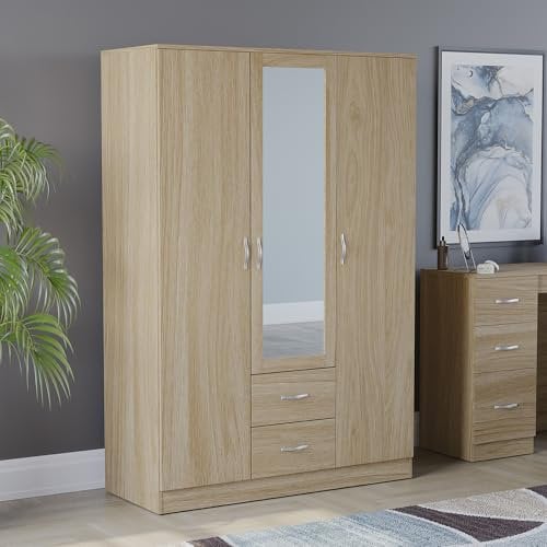 Vida Designs Riano Wardrobe, With Shelf & Hanging Rail Bedroom Storage Furniture (Pine, 3 Door Mirrored)