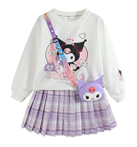 Satdflie Anime Set 3 Pezzi con Minigonna Plissettata e Felpa Girocollo e Borsa a Tracolla per Ragazze, Viola, 3XS