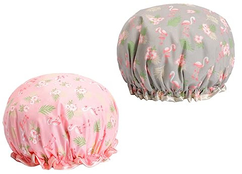CRILSTYLEO Bathing Hat Set 2pcs Eva Waterproof Shower Cap Elastic Straps for Women Flamingo Prints Grey