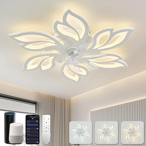 Smart WiFi Ceiling Fan with Light and Remote Control Compatible with Alexa and Google Home Flower Fandelier for Bedroom White Modern and Convenient Option for Your Home.