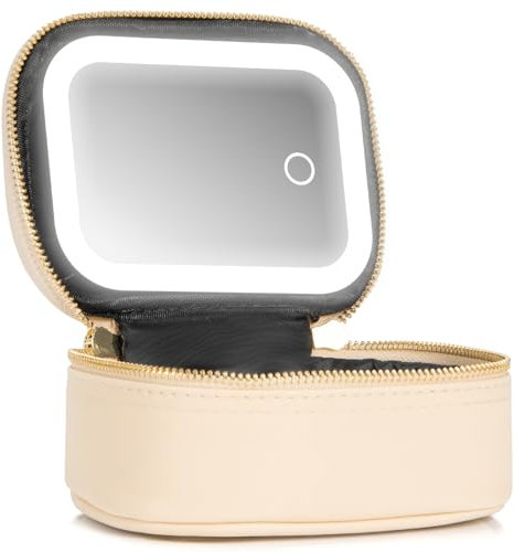 Extrei Gent Small Makeup Bag Travel Train Case with Mirror and Light Mini Travel Makeup Train Case Cosmetic Organizer 3 Adjustable Brightness Toiletry Bag Portable Artist Storage, Beige, S, Mini Ature