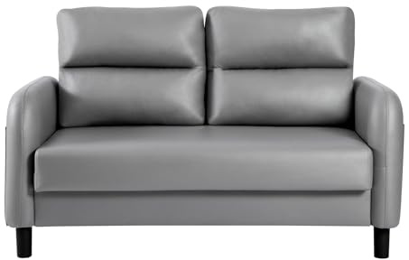 55 Loveseat Sofa Leather Grey, Comfy Couch with Cushion, Sofa Couch with Wooden Legs, Modern Couch with Deep Seat, 2-Seater Sofa for Bedroom, Loveseat for Living Room, Office Room, Apartment