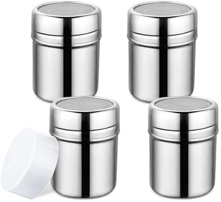 YZROHYI 4 Pezzi Spargi Cacao in Polvere,Barattolo Spargi Zucchero a Velo Inox con Tappo,Dosatore Cacao per Cappuccino,Dispenser Caffe Zucchero,Setaccio per Cacao,Sugar Shaker,Contenitore per Zucchero