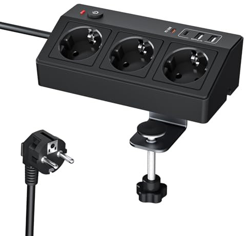 LustLocke Toma de Mesa con USB C, Toma Múltiple de 3 Tomas Schuko 3 USB con Interruptor, Regleta de Escritorio, Cable 2 m, para el Hogar y la Oficina, Negro
