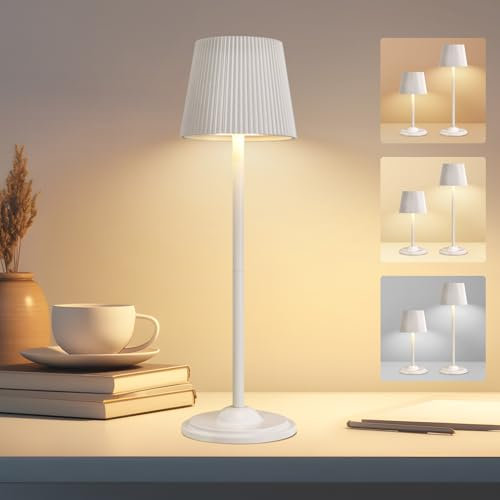 VKH Lampada da Tavolo LED Senza Fili Bianca, Dimmerabile Tattile a 3 Colori, Design Ondulato Smontabile, Ricaricabile USB-C, Luce da Comodino Moderna per Camera, Ufficio, Esterno