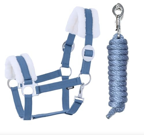 JA Horse Kunstfell Halfter Führstrick Set mit Panikhaken verstellbar Pferdehalfter Pferd Holzpferd Anbindestrick (Kunstfell Panikhaken Blau, Pony)