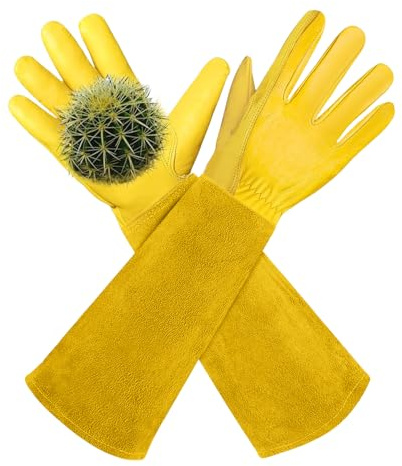 AMFUN Gartenhandschuhe für Damen/Herren, Gartenhandschuhe Dornenfest aus Leder, Lange Rindsleder Arbeitshandschuhe für Garten und Haushaltsaufgaben（M）