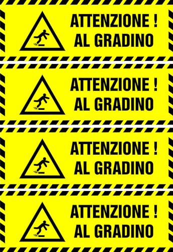 StampaGenerale® Set 4 Adesivi PVC “Attenzione al Gradino” (21x7,4 Cm) Segnaletica di Sicurezza Giallo/Nero Resistente e Impermeabile Facile Applicazione