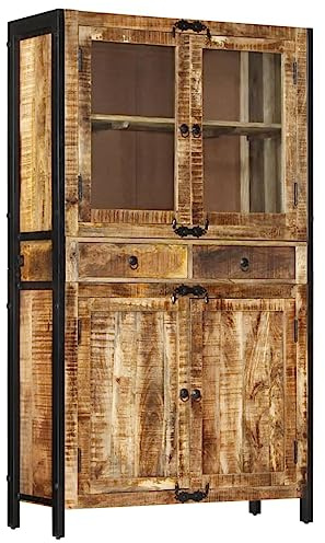 QJBSAVVA Highboard 100x40x175 cm aus massivem Mangoholz und Metallgestell Schwarz mit Vintage-Design und großem Stauraum für Wohnzimmer Küche Flur Büro