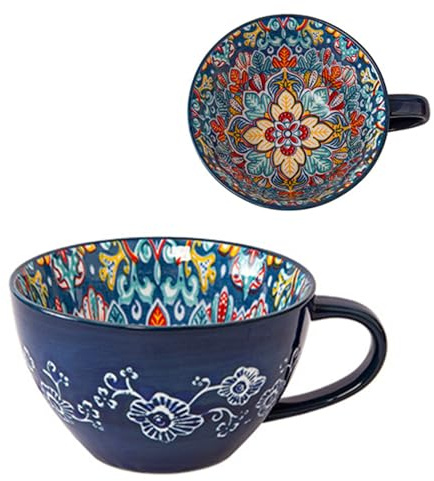 Bibykivn Tasse à Soupe en Céramique 400 ml avec Anse,Bol à Soupe en Céramique Peint à la Main,Résistante au Four et Micro-ondes - Pour Petit-Déjeuner, Müesli, Dessert, Lait, Fruits et Salade (BLK)