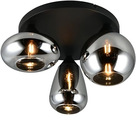 Trio Leuchten Deckenleuchte Lumina 617030332, Metall Schwarz matt, Glas Chrom bedampft, exkl. 3x E14, Smoke