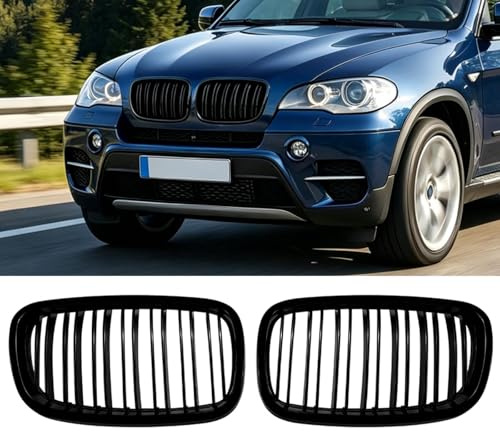 TINMAGI E70 Schwarze Nieren Kühlergrill für BMW X5 X6 E70 E71, Nieren Doppelsteg Sport Kühlergrill, Glänzend Schwarz Doppelsteg Doppelbrücke Mode Vorne 2007-2013