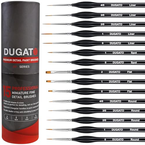 DUGATO Fine Detail Paint Brush Set (15pc) - Miniature Brushes with Ergonomic Triangular Handles & Travel Case for Acrylic, Watercolor, Oil, Models & Warhammer