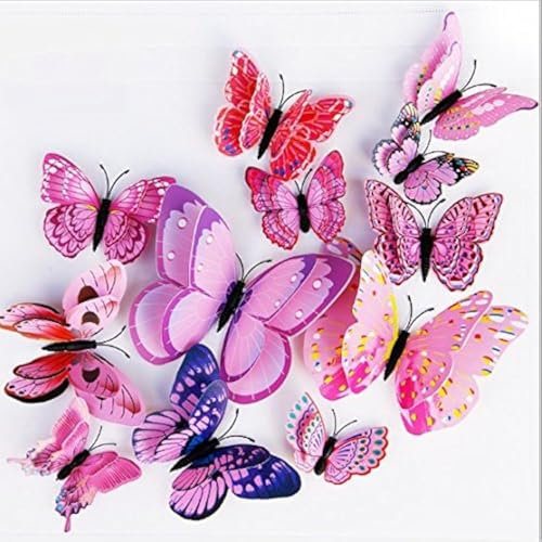 vndeful 12 3D Stereo Double Layer Simulation Schmetterling Creative Home Wohnzimmer Dekoration einer Generation von PVC Farbe Schmetterling Wand Aufkleber. (Pink Double, magnetisch mit Kleber.)