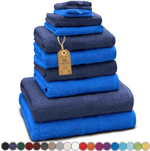 GREEN MARK Textilien 10 TLG. FROTTIER Handtuch-Set mit verschiedenen Größen 4X Handtücher, 2X Duschtücher, 2X Gästetücher, 2X Waschhandschuhe - Premium Qualität (10 TLG. FROTTIER Set, Navy/Royal)