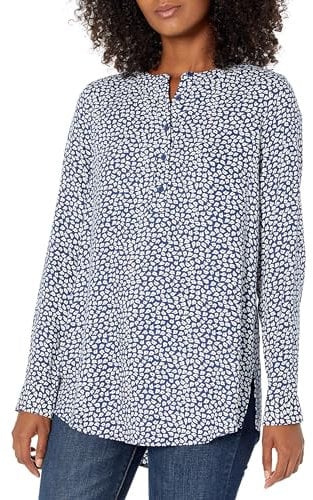 Amazon Essentials Women's Long-Sleeve Woven Blouse, Navy White Petals, XXL