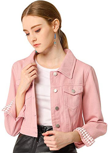 Allegra K Femmes Bouton Cou Manche Longues Basic Décontracté Tondu Denim Jean Veste Rose M