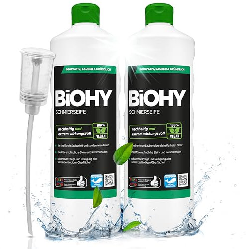 BiOHY Schmierseife (2 x 1 liter) + Dosierer | Konzentrat für Bodenreinigung – Wischpflege für Holz, Parkett & Fliesen | Rückfettend, extra stark & ergiebig | Flüssiger Bio-Fußbodenreiniger