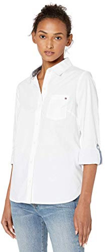 Tommy Hilfiger Chemisier uni à col boutonné avec Manches réglables, pour Femme, Blanc Brillant, Taille XL