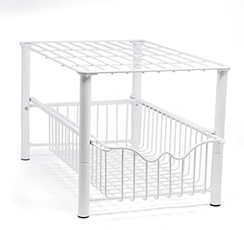 Joeji's Under Sink Storage Basket - Retractable Sliding Drawer - Bathroom or Kitchen Cupboard Organiser - Multipurpose Storage - Space Saver - White