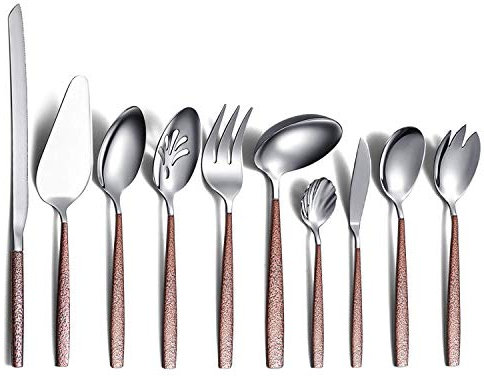 Berglander Juego de cubiertos para servir de 10 piezas con mango de superficie lunar y cabeza brillante chapado en titanio cuberteria cucharas de de acero inoxidable utensilios para servir
