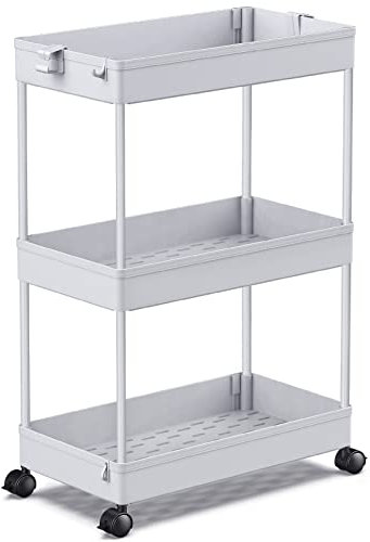 SPACEKEEPER Küchenwagen mit 3 Ebenen, Rollwagen Nischenregal auf Rollen, platzsparendes Badregal und Küchenregal für Küche Büro Bad, 40x22x61cm,Grau