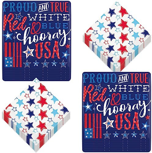 Patriotic Party Supplies Proud & True Red, White, & Blue Paper Dessert Plates and American Flag Shaped Napkins (Serves 16)