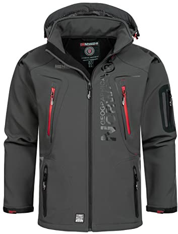 Geographical Norway Techno Men Distribrands - Giacca Softshell impermeabile da uomo - Giacca con cappuccio traspirante all'aperto - Giacca invernale tattica antivento (Grigio Scuro/Rosso M)