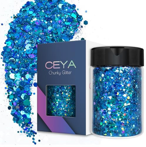 Ceya Paillettes holographiques épaisses, 4.2oz/ 120g, Laser Bleu Ciel Poudre de paillettes, mélange de paillettes irisées pour ongles, cheveux, résine époxy, gobelets, peinture, décoration de festival