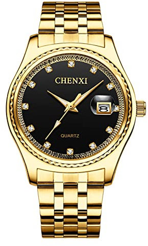 JewelryWe Herrenuhr Quarz Analog Partner Freundschafts Armbanduhr Datum Kalender Edelstahl Armband Herren Uhr mit Beleuchtenden Zeiger und Strass schwarzem Zifferblatt, Geschenk für Männer Junge, Gold