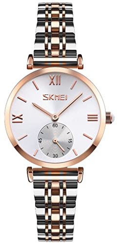 SKMEI Uhren für Damen, Damen, Edelstahl, luxuriös, Business, klassisch, modisch, analog, Quarz, wasserdicht, einfach, Tag, Datum, Frau, Mädchen, Geschenke, Gold, Silber, Armbanduhr, L9198silver,